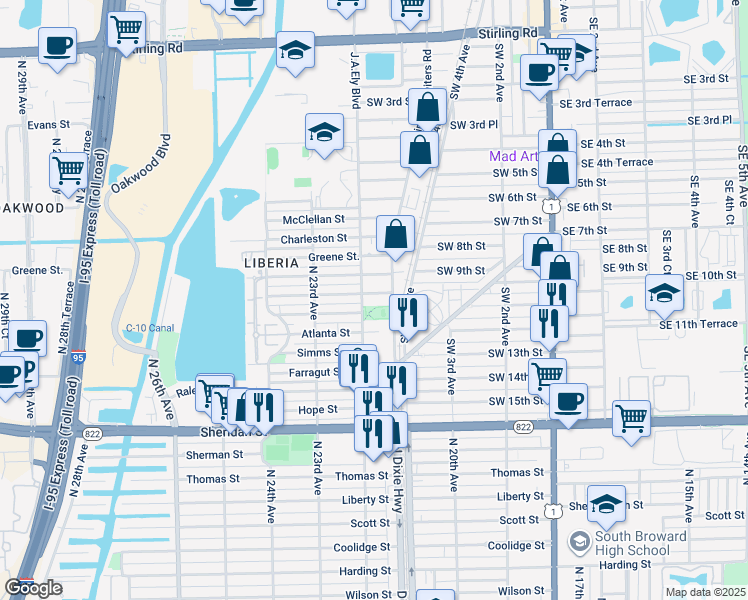 map of restaurants, bars, coffee shops, grocery stores, and more near 715 Southwest 10th Street in Dania Beach