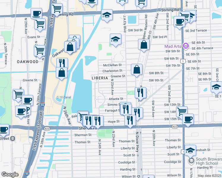 map of restaurants, bars, coffee shops, grocery stores, and more near 2312 Douglas Street in Hollywood