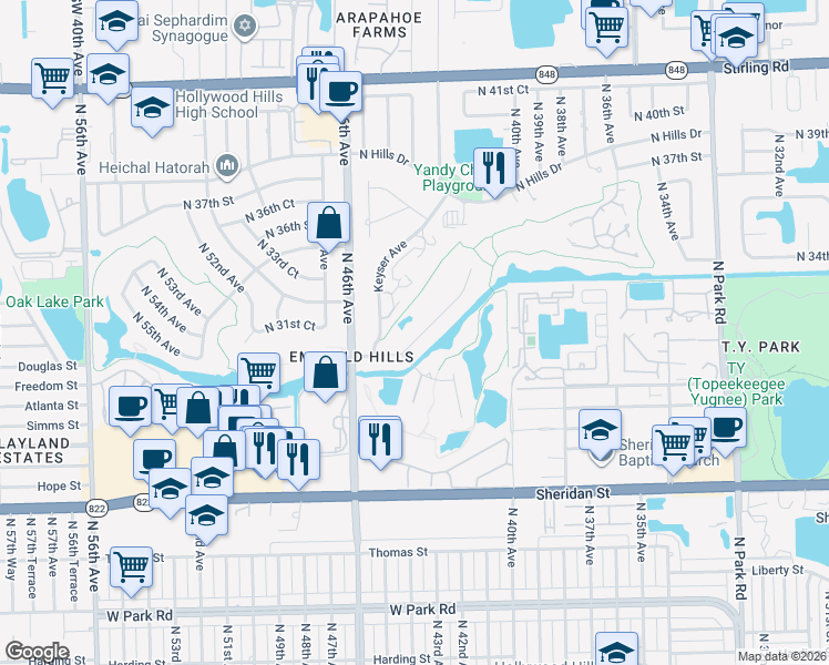 map of restaurants, bars, coffee shops, grocery stores, and more near 4381 Casper Court in Hollywood