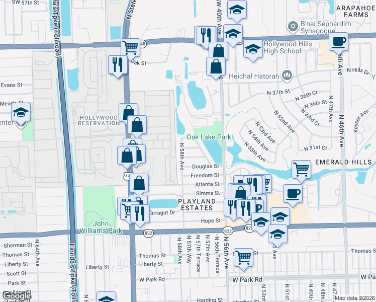 map of restaurants, bars, coffee shops, grocery stores, and more near 5726 Greene Street in Hollywood