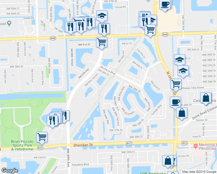 map of restaurants, bars, coffee shops, grocery stores, and more near 3720 Northwest 84th Way in Pembroke Pines