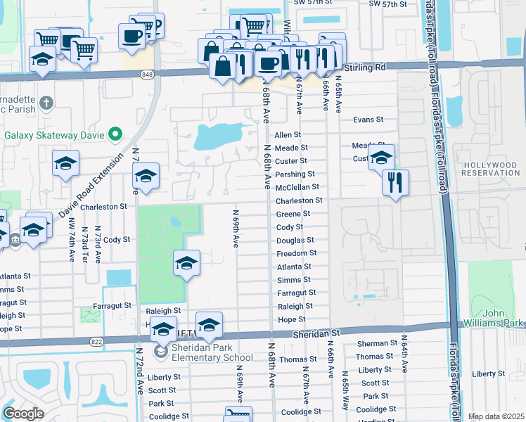 map of restaurants, bars, coffee shops, grocery stores, and more near 6791 Greene Street in Hollywood