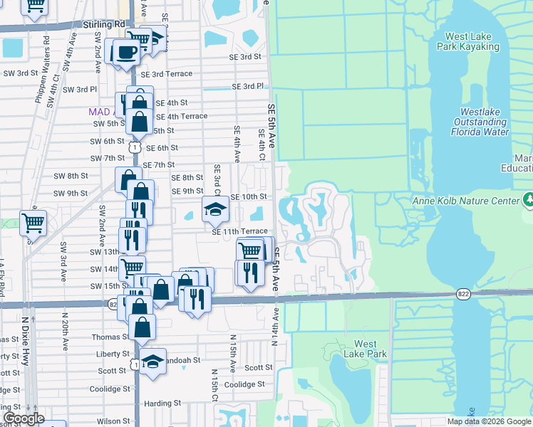map of restaurants, bars, coffee shops, grocery stores, and more near 1024 Southeast 5th Avenue in Dania Beach