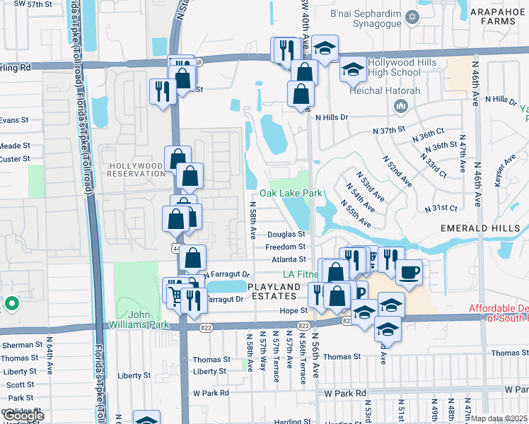 map of restaurants, bars, coffee shops, grocery stores, and more near 5726 Greene Street in Hollywood