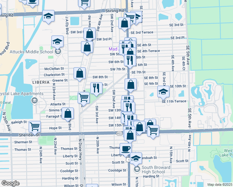 map of restaurants, bars, coffee shops, grocery stores, and more near 54 Southwest 11th Street in Dania Beach