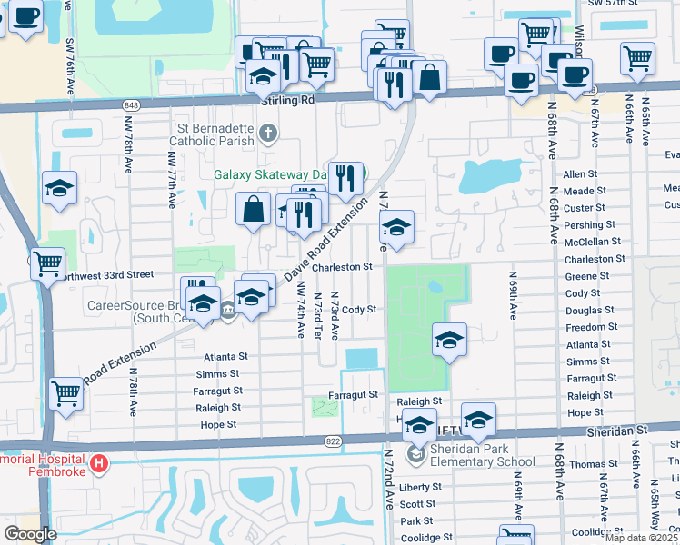 map of restaurants, bars, coffee shops, grocery stores, and more near 3231 North 73rd Avenue in Hollywood
