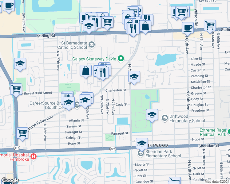 map of restaurants, bars, coffee shops, grocery stores, and more near 3231 North 73rd Avenue in Hollywood