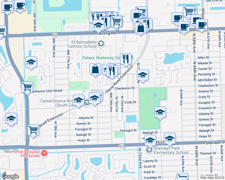 map of restaurants, bars, coffee shops, grocery stores, and more near 3241 Northwest 74th Avenue in Hollywood