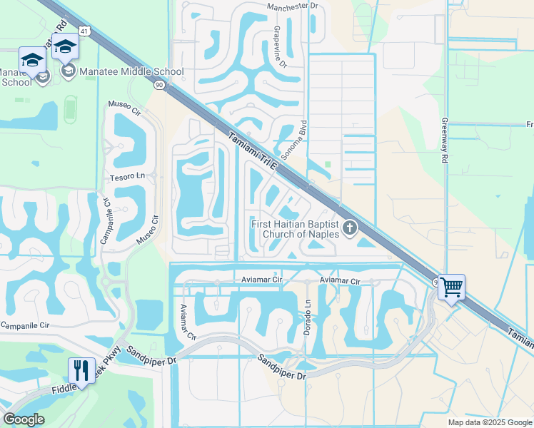 map of restaurants, bars, coffee shops, grocery stores, and more near 14500 Tamiami Trail East in Naples