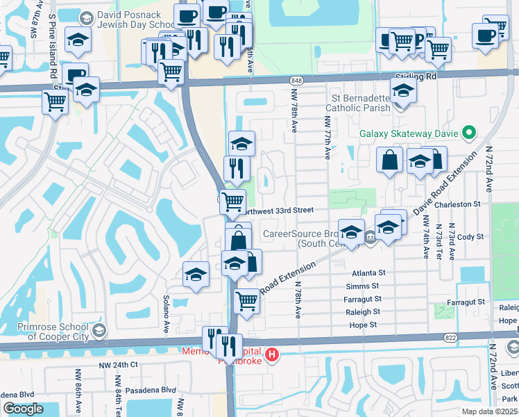 map of restaurants, bars, coffee shops, grocery stores, and more near 3303 Northwest 79th Way in Hollywood