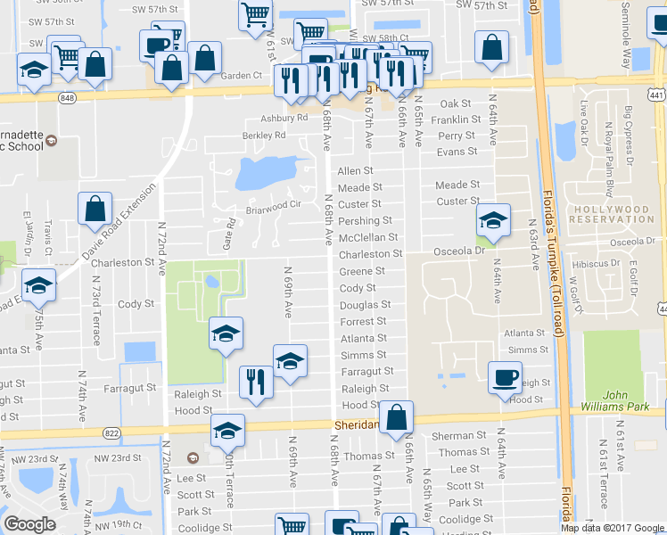 map of restaurants, bars, coffee shops, grocery stores, and more near 6791 Greene St in Hollywood
