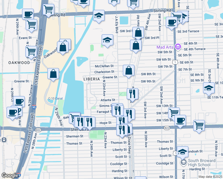 map of restaurants, bars, coffee shops, grocery stores, and more near 2228 Douglas Street in Hollywood