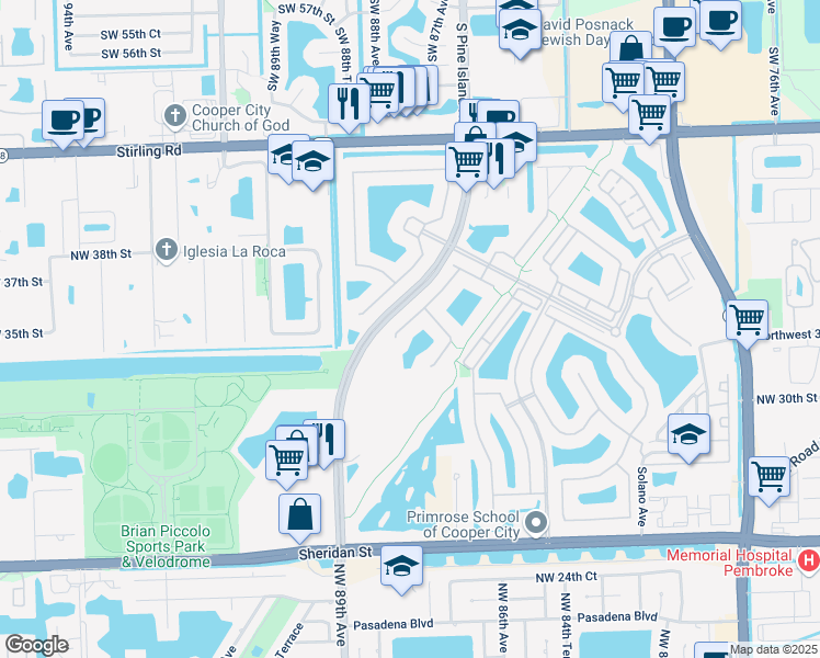 map of restaurants, bars, coffee shops, grocery stores, and more near 3645 Northwest 85th Terrace in Pembroke Pines