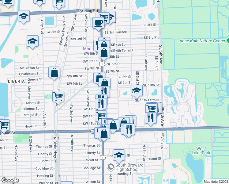 map of restaurants, bars, coffee shops, grocery stores, and more near 34 Southeast 10th Terrace in Dania Beach