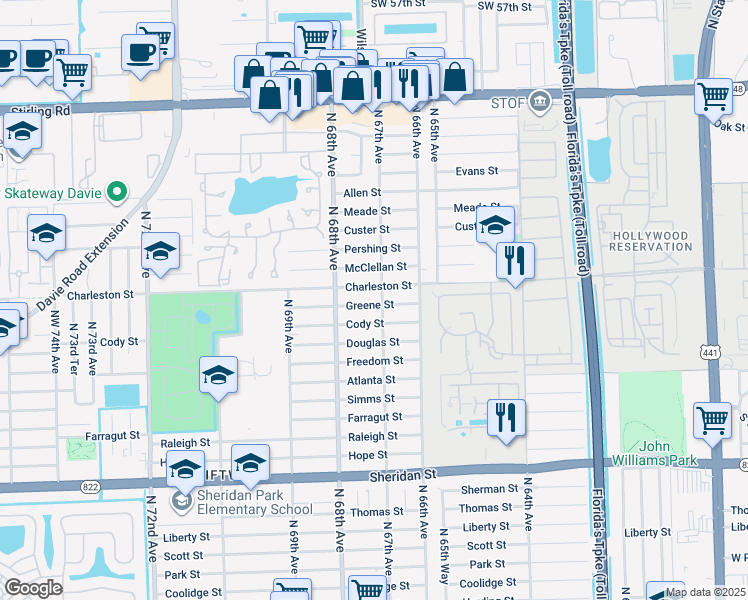 map of restaurants, bars, coffee shops, grocery stores, and more near 6711 Greene Street in Hollywood