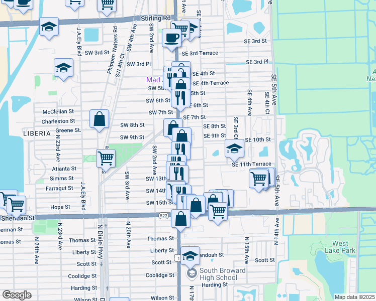 map of restaurants, bars, coffee shops, grocery stores, and more near 34 Southeast 10th Terrace in Dania Beach