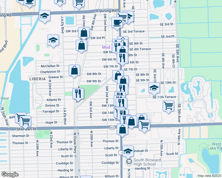 map of restaurants, bars, coffee shops, grocery stores, and more near 54 Southwest 11th Street in Dania Beach
