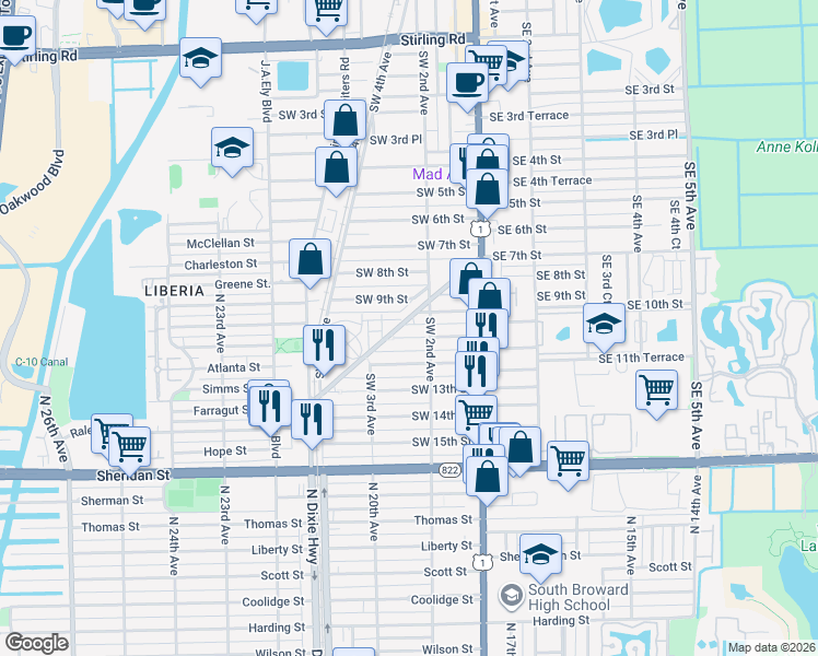 map of restaurants, bars, coffee shops, grocery stores, and more near 242 Southwest 11th Street in Dania Beach