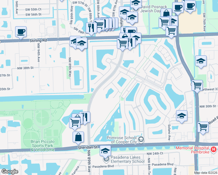 map of restaurants, bars, coffee shops, grocery stores, and more near 3645 Northwest 85th Terrace in Pembroke Pines