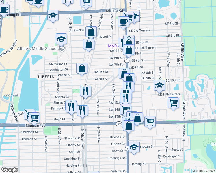 map of restaurants, bars, coffee shops, grocery stores, and more near 242 Southwest 11th Street in Dania Beach