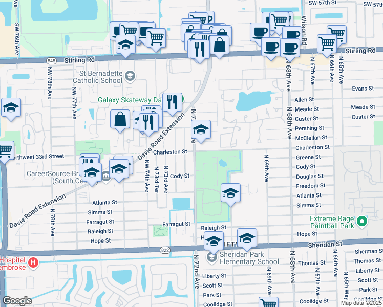 map of restaurants, bars, coffee shops, grocery stores, and more near 7200 Charleston Street in Hollywood
