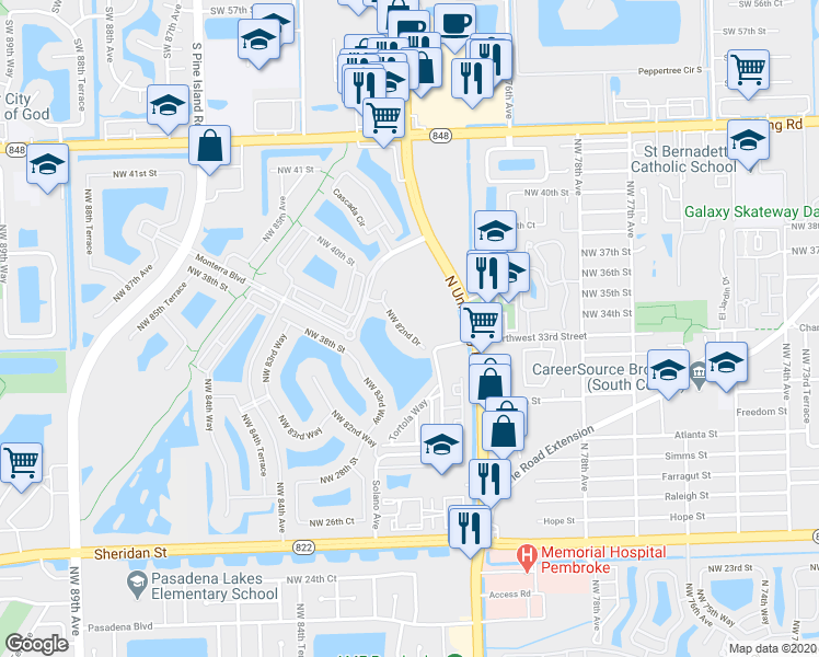 map of restaurants, bars, coffee shops, grocery stores, and more near 3595 Northwest 82nd Drive in Pembroke Pines