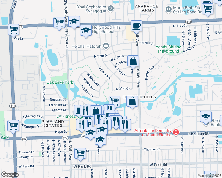 map of restaurants, bars, coffee shops, grocery stores, and more near 3110 North 52nd Avenue in Hollywood