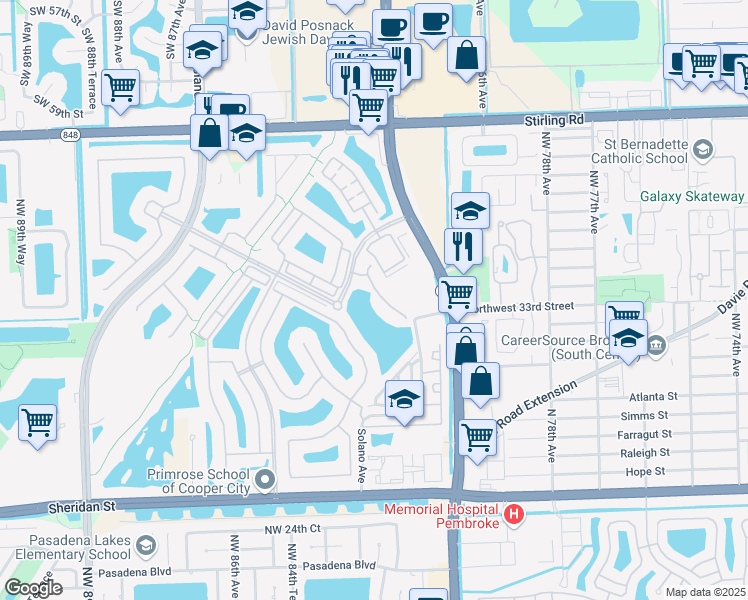 map of restaurants, bars, coffee shops, grocery stores, and more near 3754 Northwest 82nd Drive in Pembroke Pines