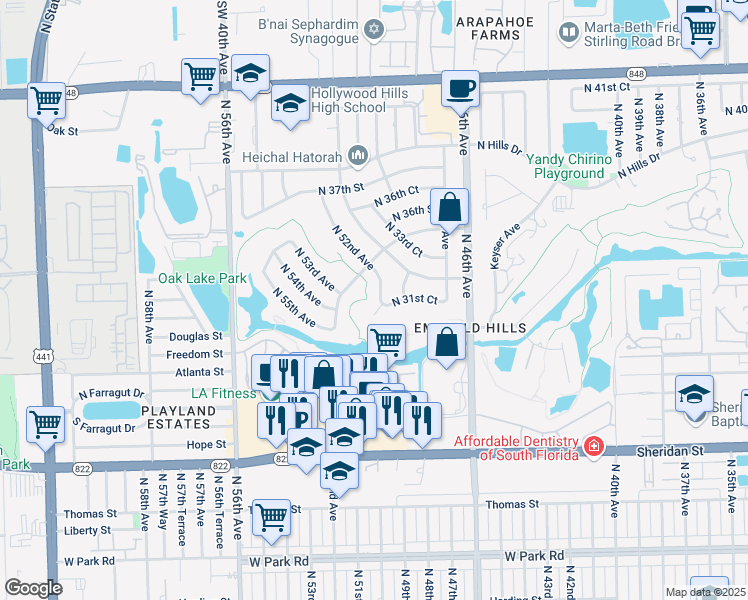 map of restaurants, bars, coffee shops, grocery stores, and more near 3110 North 52nd Avenue in Hollywood