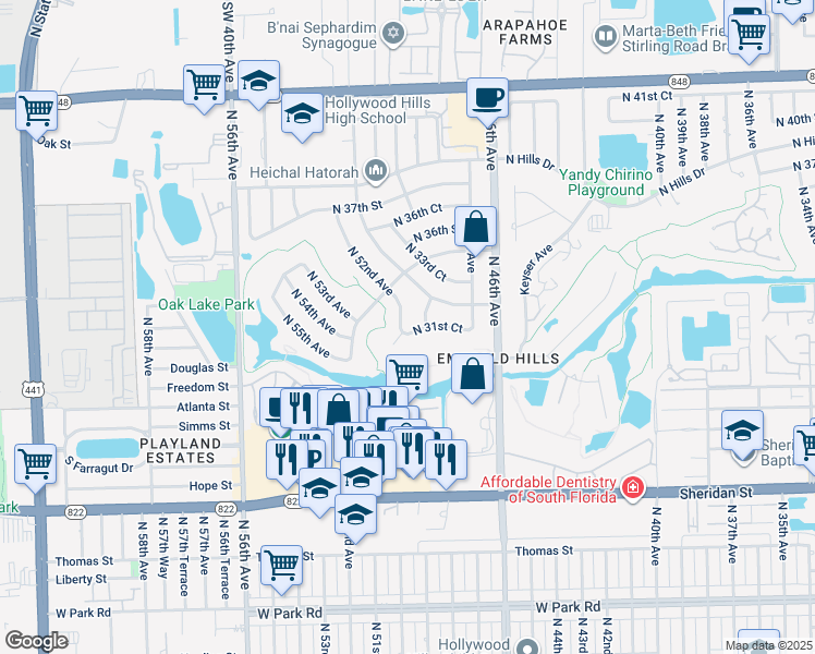 map of restaurants, bars, coffee shops, grocery stores, and more near 3111 North 52nd Avenue in Hollywood
