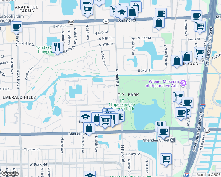 map of restaurants, bars, coffee shops, grocery stores, and more near 3321 Oak Drive in Hollywood