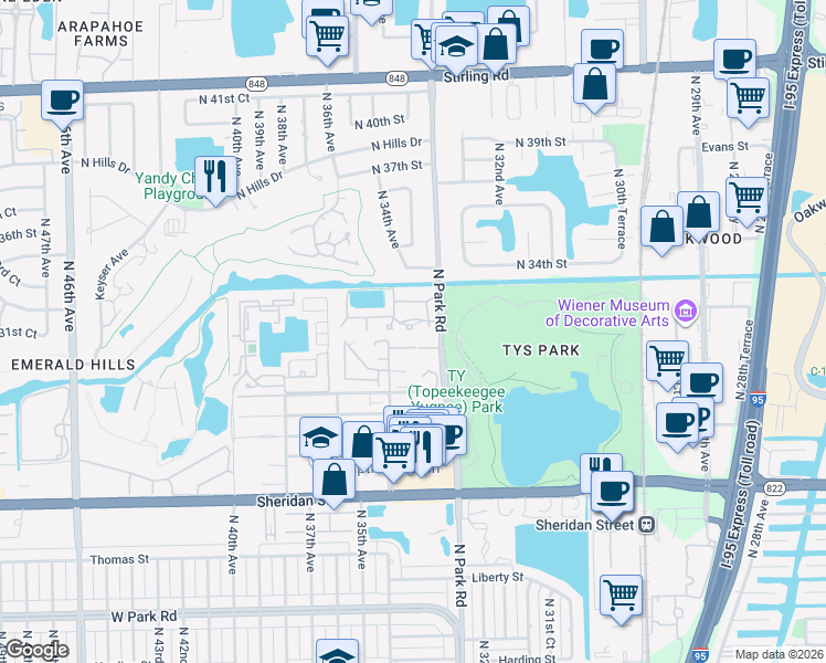 map of restaurants, bars, coffee shops, grocery stores, and more near 3321 Oak Drive in Hollywood