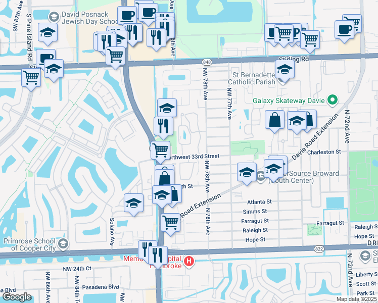 map of restaurants, bars, coffee shops, grocery stores, and more near 3303 Northwest 79th Way in Hollywood