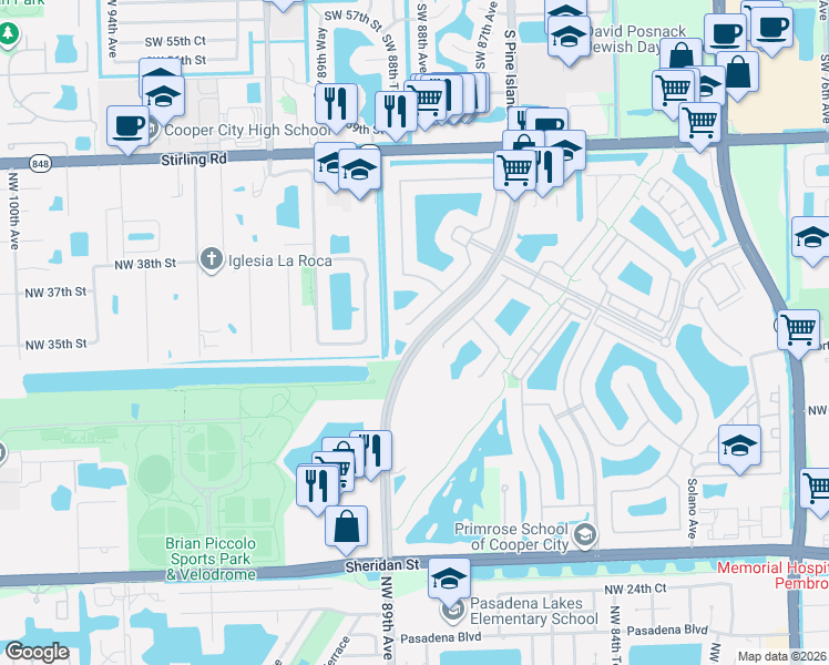 map of restaurants, bars, coffee shops, grocery stores, and more near NW 88th Ave in Hollywood