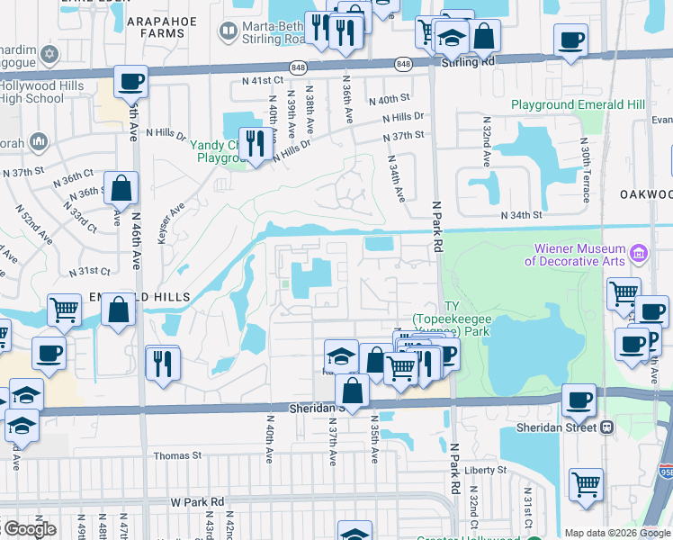 map of restaurants, bars, coffee shops, grocery stores, and more near 3190 North 37th Avenue in Hollywood