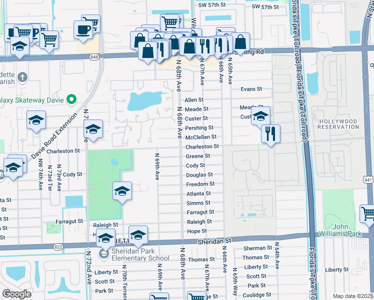 map of restaurants, bars, coffee shops, grocery stores, and more near 6791 Greene Street in Hollywood