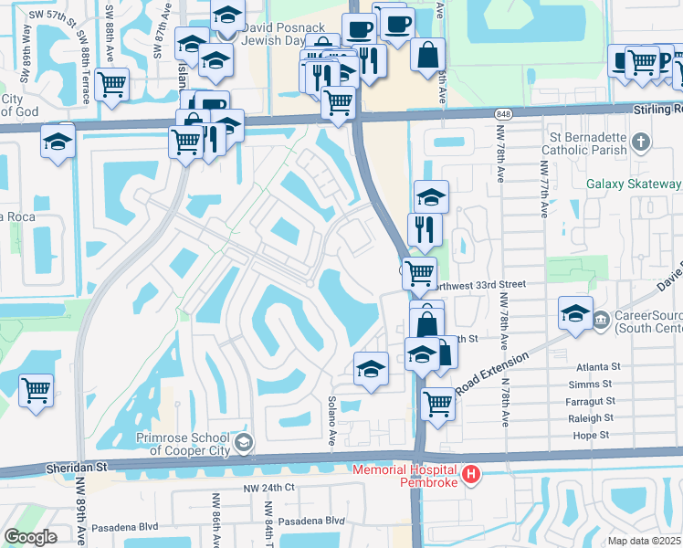 map of restaurants, bars, coffee shops, grocery stores, and more near 3754 Northwest 82nd Drive in Pembroke Pines