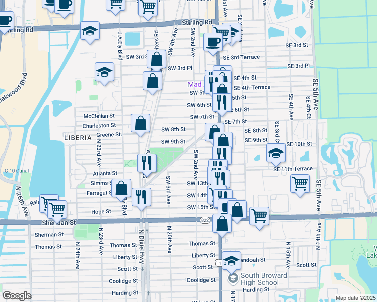 map of restaurants, bars, coffee shops, grocery stores, and more near 242 Southwest 11th Street in Dania Beach