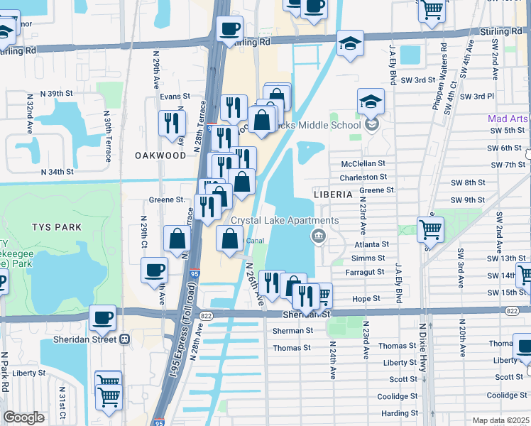 map of restaurants, bars, coffee shops, grocery stores, and more near 2620 North 26th Avenue in Hollywood