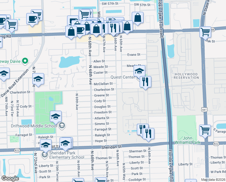 map of restaurants, bars, coffee shops, grocery stores, and more near 6611 Greene Street in Hollywood