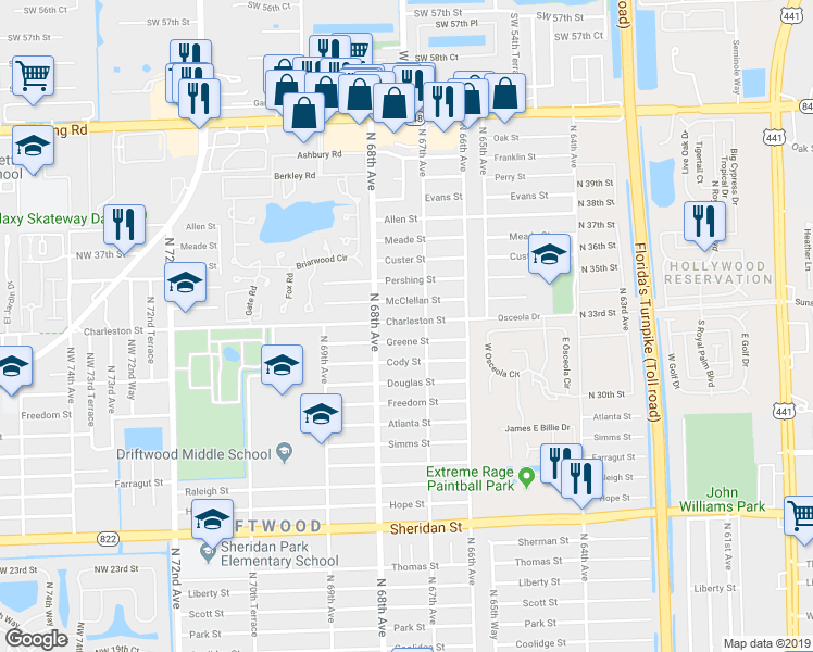 map of restaurants, bars, coffee shops, grocery stores, and more near 6711 Greene Street in Hollywood