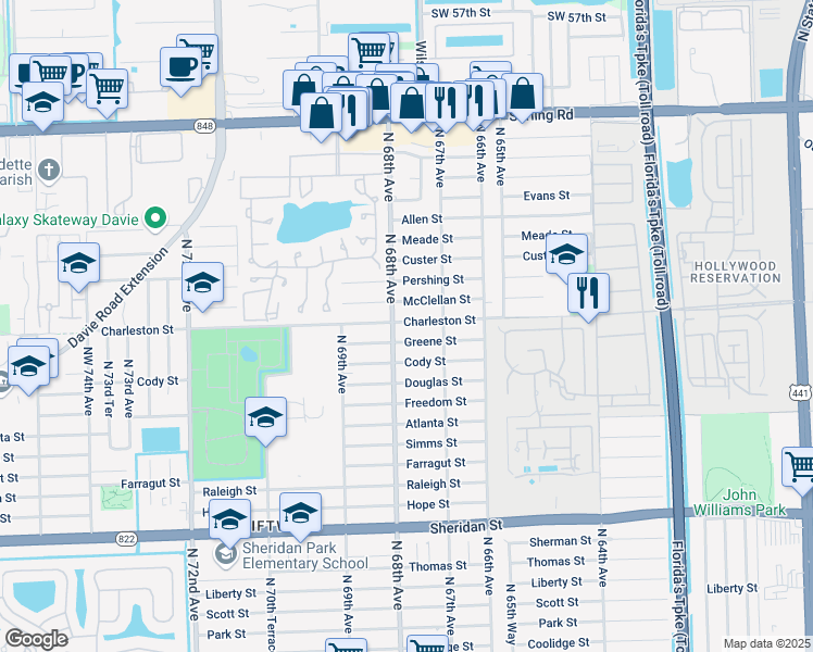 map of restaurants, bars, coffee shops, grocery stores, and more near 6791 Greene Street in Hollywood