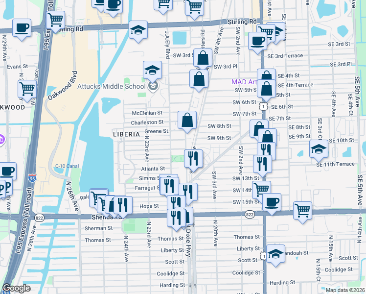 map of restaurants, bars, coffee shops, grocery stores, and more near 715 Southwest 10th Street in Dania Beach