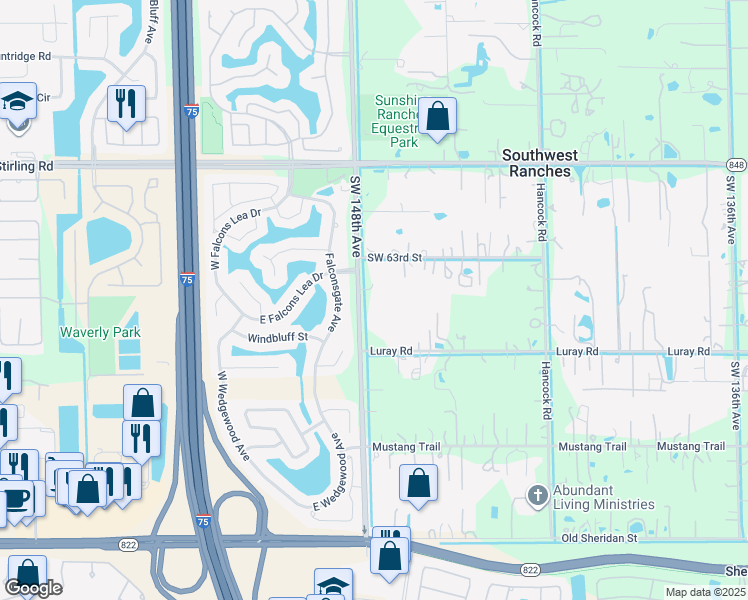map of restaurants, bars, coffee shops, grocery stores, and more near 6500 Volunteer Road in Southwest Ranches