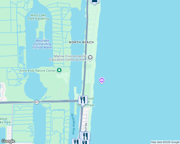 map of restaurants, bars, coffee shops, grocery stores, and more near 4200 North Surf Road in Hollywood