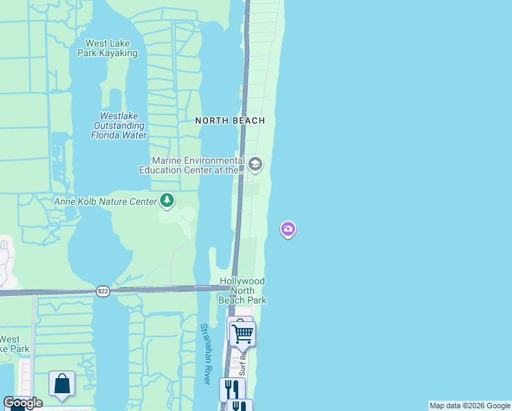 map of restaurants, bars, coffee shops, grocery stores, and more near 4200 North Surf Road in Hollywood