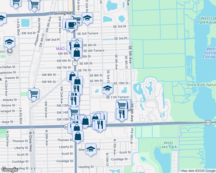 map of restaurants, bars, coffee shops, grocery stores, and more near 1025 Southeast 3rd Avenue in Dania Beach