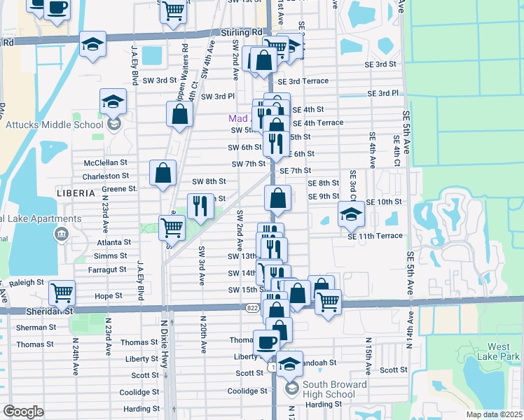 map of restaurants, bars, coffee shops, grocery stores, and more near 1040 U.S. 1 in Dania Beach