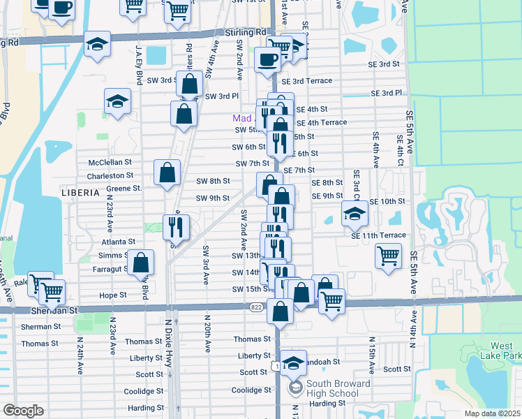 map of restaurants, bars, coffee shops, grocery stores, and more near 54 Southwest 11th Street in Dania Beach
