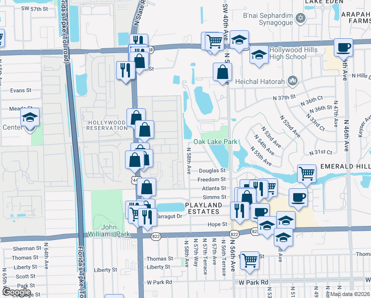 map of restaurants, bars, coffee shops, grocery stores, and more near a40 Randolph Clay Drive in Hollywood